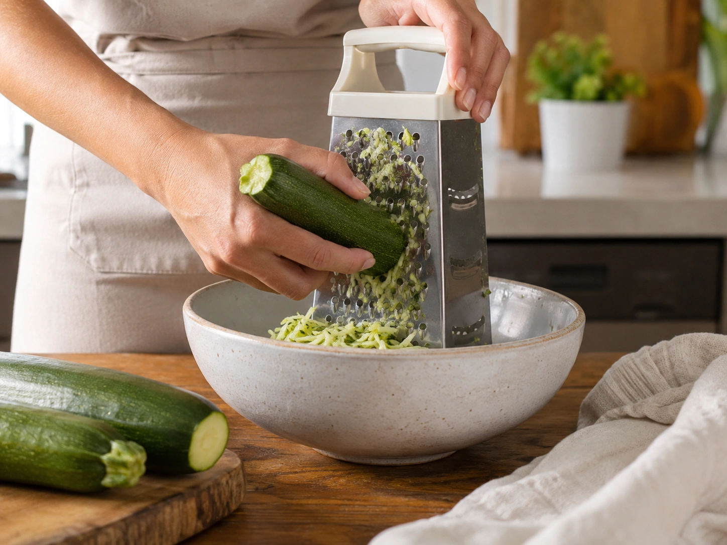 Grating zucchini on a box grater